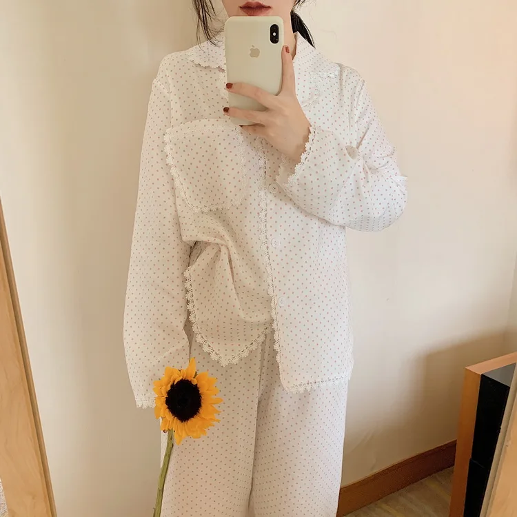 

white polka dot pajamas set lace women home suit pants pijamas pockets long sleeve shirts lounge wear 2 piece set sleepwear Y104