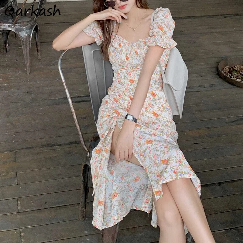 

Dress Women Summer Square Collar Sweet Vintage Floral Short Puff Sleeve Korean Style Fashion Shirring Slim Sexy Split Vestidos