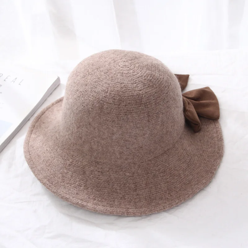

Women's Winter Hat Fashionable Wool Solid Large Bow Decoration Dome Korean Hat