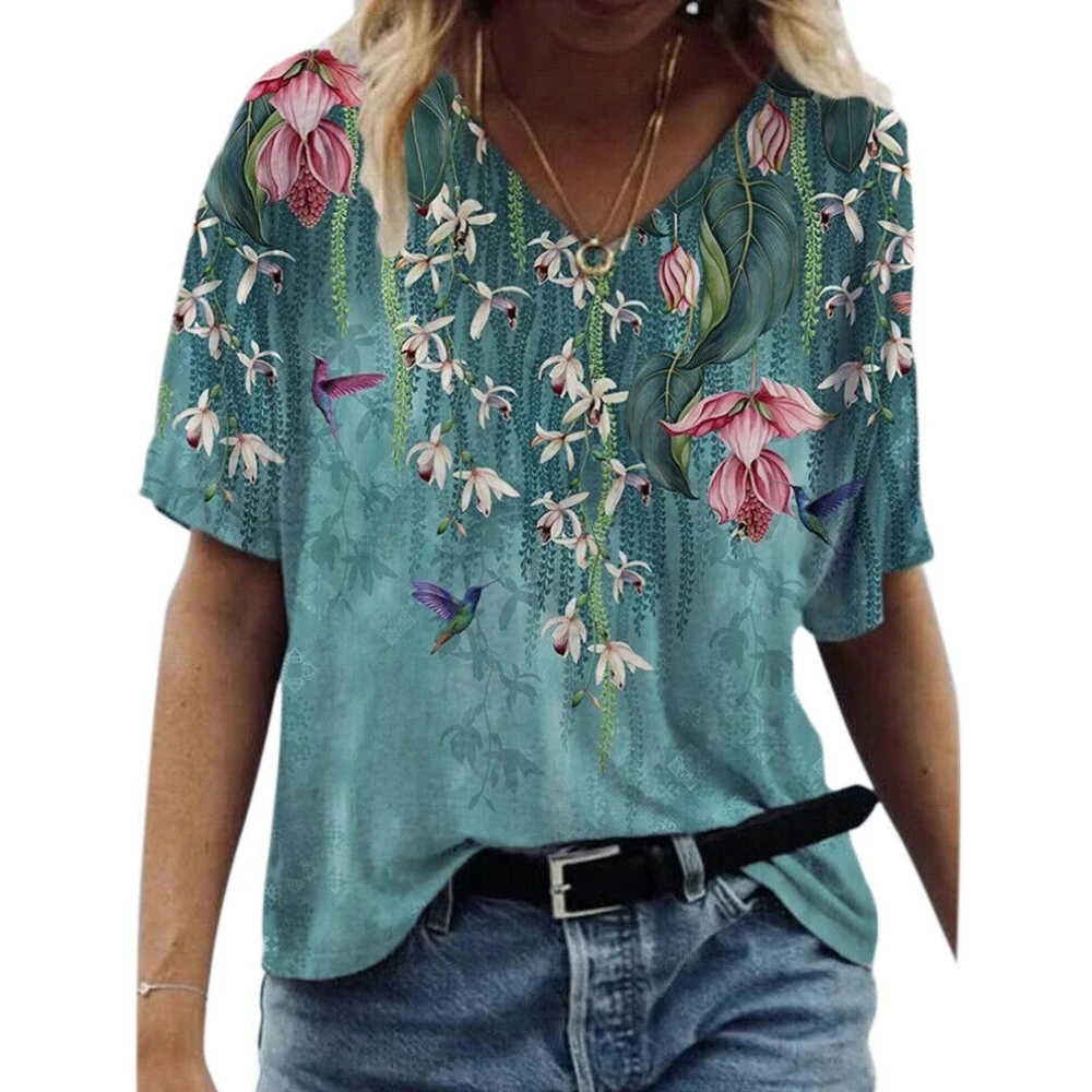 

VICABO Floral Printed Short-sleeved T-shirt V-neck Large Size Women's Fashion Summer 2021 Ladies T-shirt Tops Loose Tees Tops