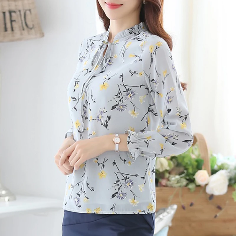 Блузка женская с цветочным принтом Модный Топ длинным рукавом шифоновая рубашка