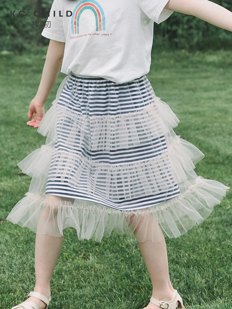 

KC.Child Girl's Tulle Skirt Cotton Striped Ruffles Tulle Skirt Kid's Skirt Toddler's Dancing Skirt Cute Style Skirt Age2-10Y