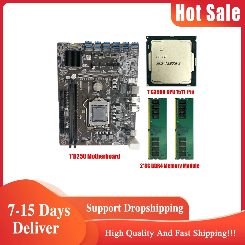 

ETH-B250C Miner Mining Motherboard LGA1151 DDR4 Support 12 GPU 12 PCIE 1x 16x Graphics Card Slots For BTC Bitcoin Ethereum Rig