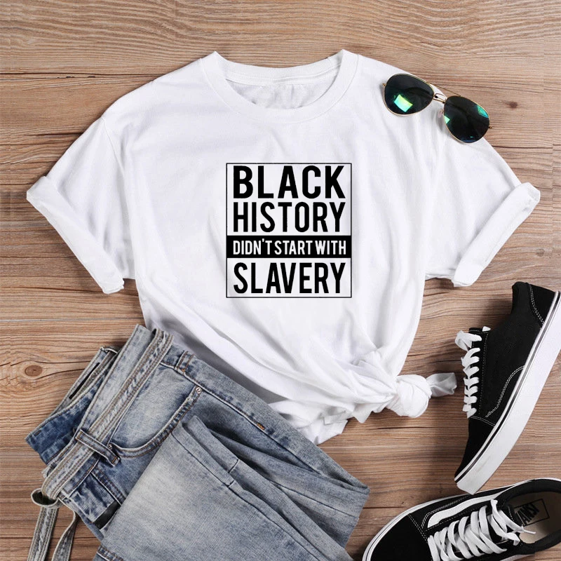 Черная футболка с цитатой История не начала рабства модная повседневная