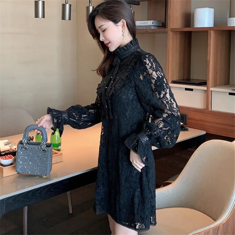 

CBAFU beading hollow out long sleeve a-line dress women ruffles diamonds runway mini party dresses sequins spring autumn M409