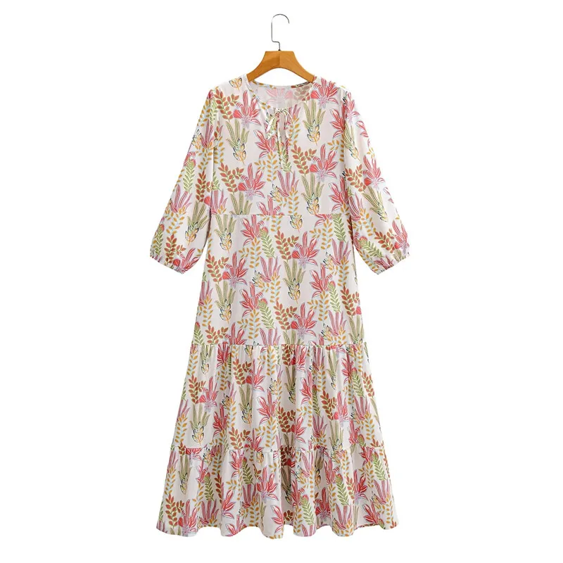 

Женское длинное платье, элегантное белое свободное платье с круглым вырезом и высокой талией, с пышными рукавами и принтом водорослей, осен...