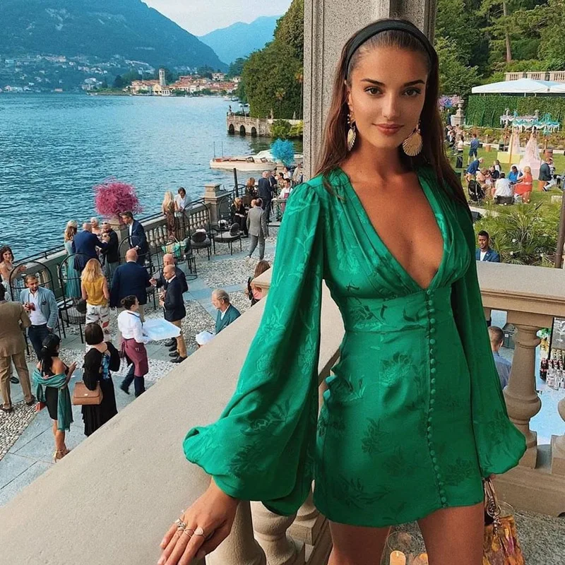 

ZTONE 2021 Green Dress For Women Y2K Beach Dress Silkiness V Neck Dress Bodycon Party Long Sleeve Mini Sexy Dresses