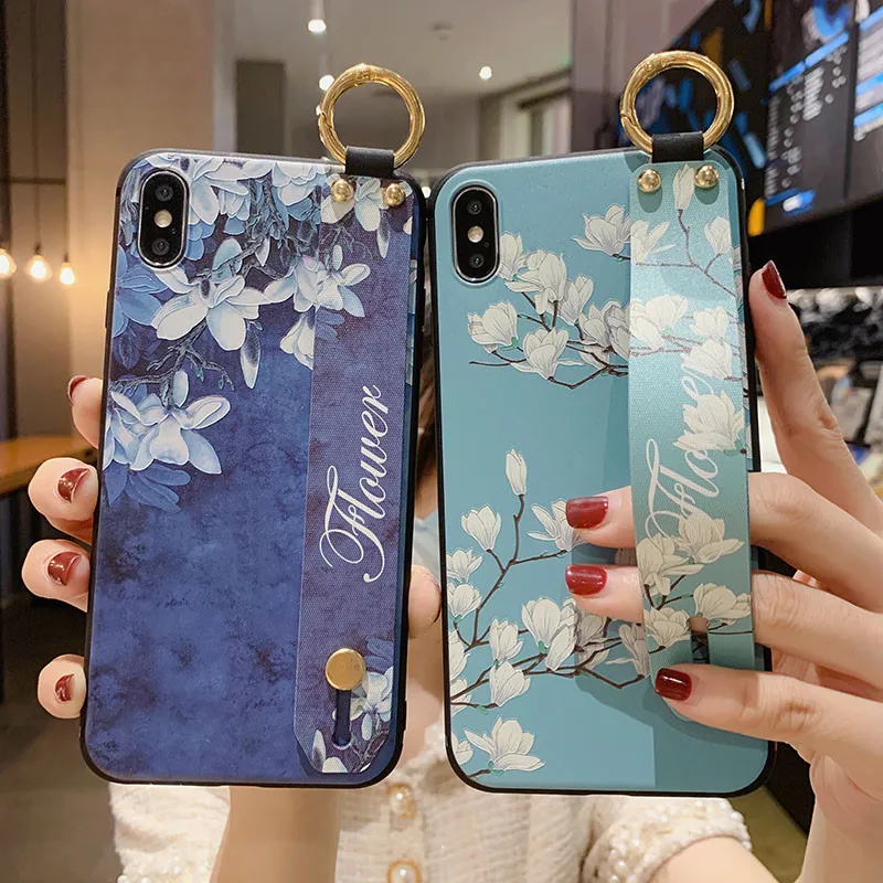 

Vintage Flower Wristband Bracket Phone Case For iPhone 12 Pro Max 11 Pro XS XR X 7 8 6 6s Plus Soft Silicone Shockproof Cover