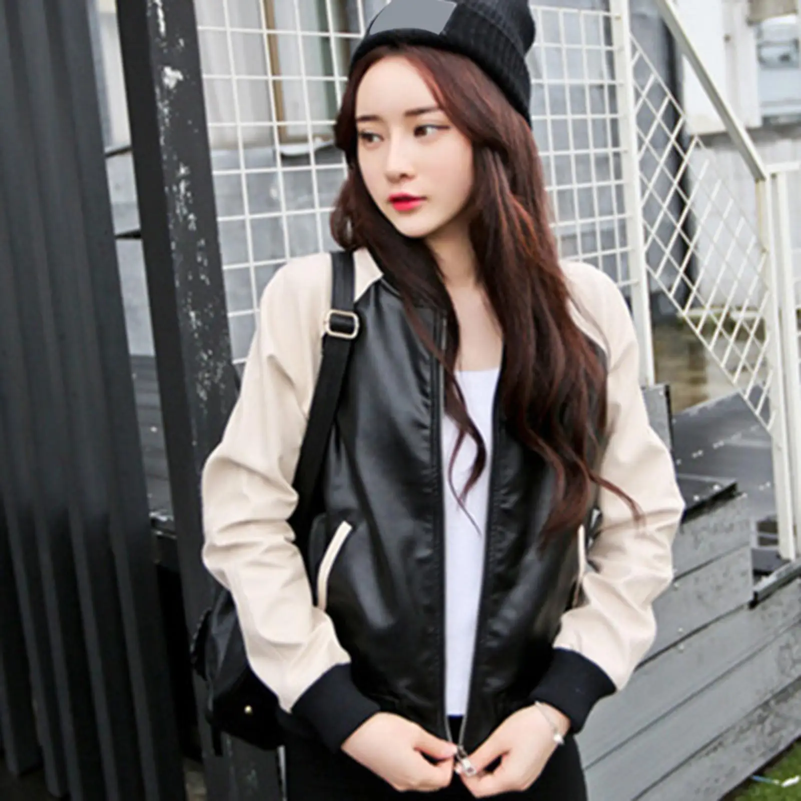 

Women Faux Leather Long Sleeve Color Contrast Zipper Pockets Short jackets for women hooded