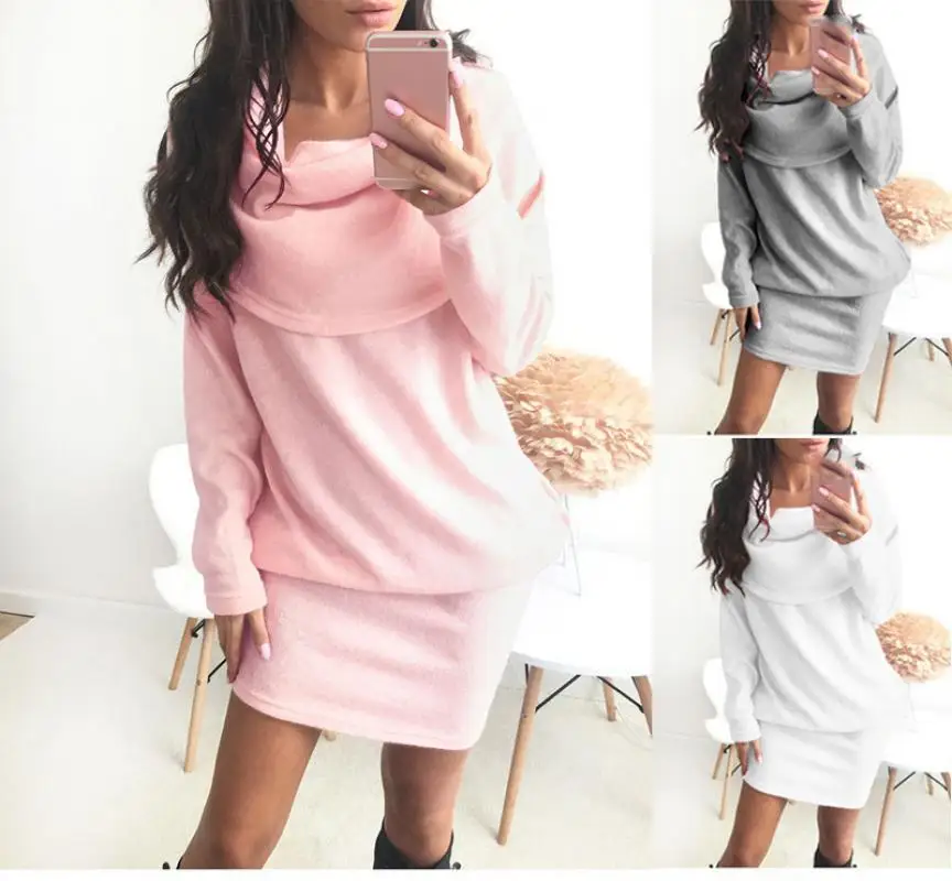 

Ruffle Collar Women'S Dresses Autumn Sexy Fashion Office Dresses Lady One Shoulder Female Winter Long Sleeve Midi Sweater Dress