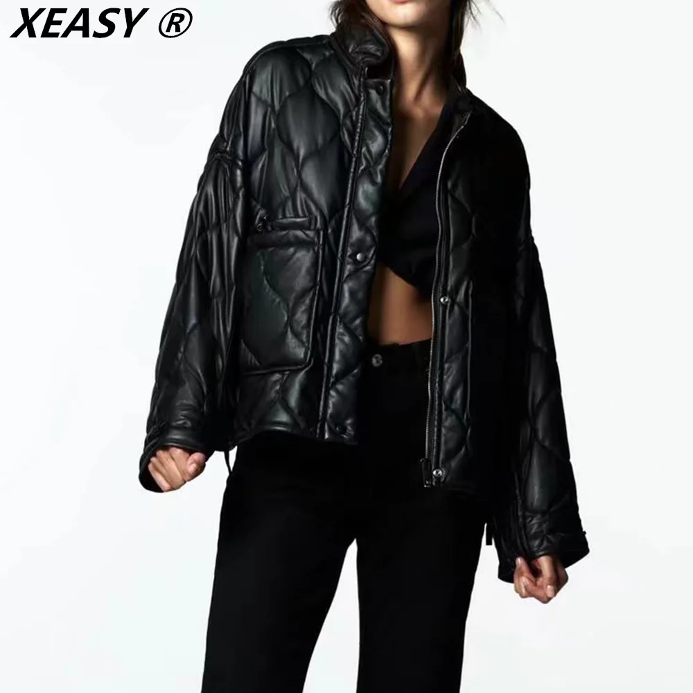 

XEASY кожаная куртка для женщин 2021 зимняя куртка черные стеганые пальто на молнии Женская одежда с карманами повседневное теплое Женское паль...