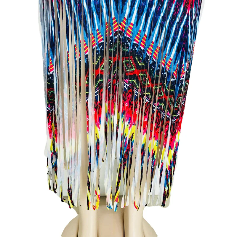 

2019 Printed Dress European and American Print Tassels Slim Waistcoat Suspended Beach Dress Mid-long Dress