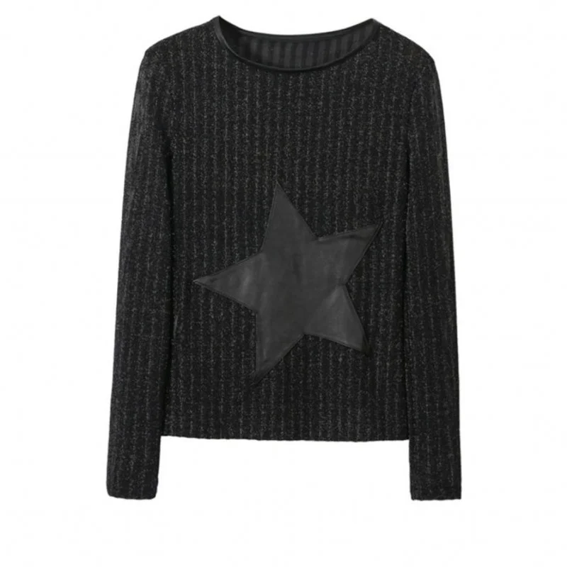 Женские черные футболки со звездами и пятиконечным узором облегающий пуловер из