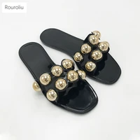 rouroliu new metal beads slippers women 2021 summer crystal jelly shoes flat slides ladies outdoor slippers open toe