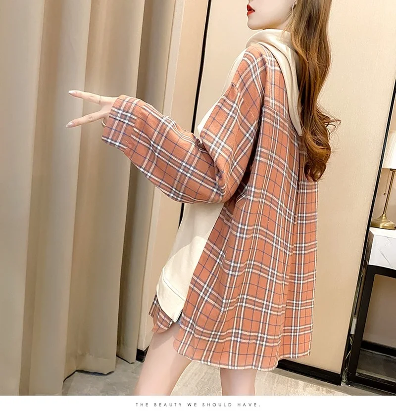 

Hooded Shirt 2021 Autumn Long Sleeve Plaid Printed Sweatshirt Patchwork Sweater Women Loose Womens Top Clothing