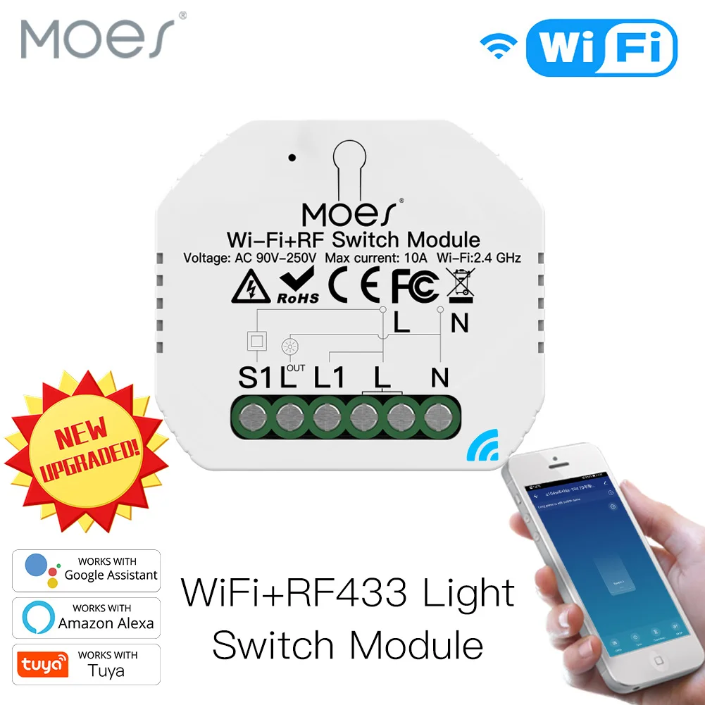 

Mini DIY WiFi RF433 Smart Relay Switch Module Smart Life/Tuya App Control, Work with Alexa Google Home 1 Gang 1/2 Way