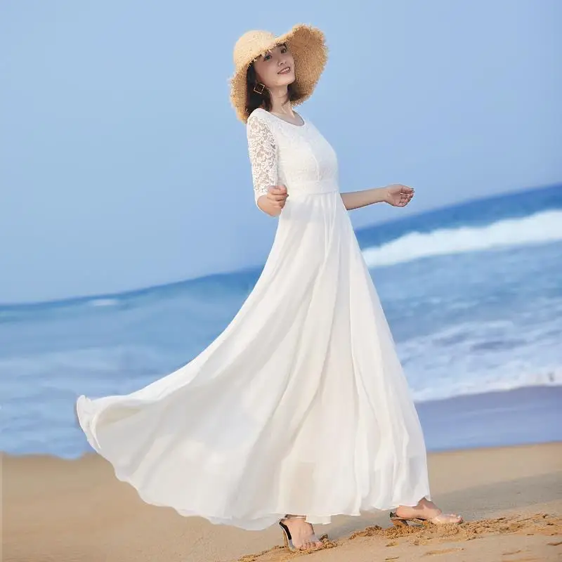 

Women Elegant O-neck Long Party Dress 2021 Summer Short Sleeve Maxi Dress Lady Vintage Lace Patchwork Beach Dress Plus Size