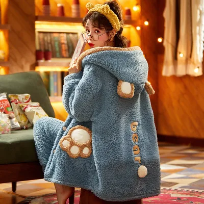 

Nightgown Women's Autumn and Winter Long Coral Fleece Pajamas Thickened Plus Velvet Bathrobes Flannel Nightdress Home Service
