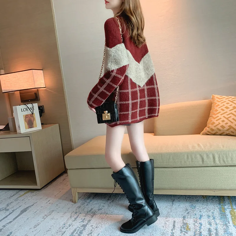 

Winter Christmas New Year Sweater Women's Plaid Stitching Half-Turtleneck Sweaters Thickend Loose Japanese Knitted Pullovers