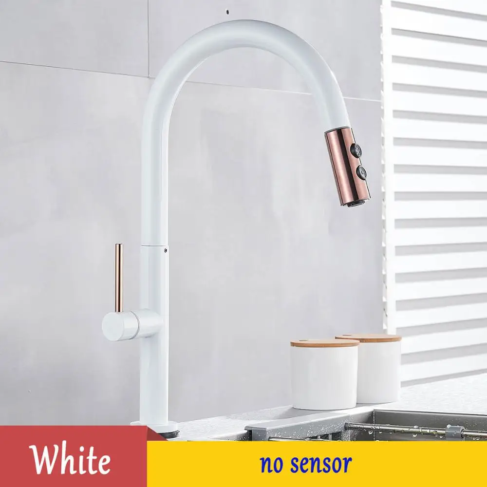 white no sensor Белый/черный датчик кухонной раковины кран Pull out Sense сенсорный кран на бортике смеситель холодной горячей воды на батарейках - Цвет: white no sensor