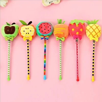 6pcs Fruit wool cloth with soft nap Gel Pen Cloth joining together Office writing pen Students stationery 18cm length