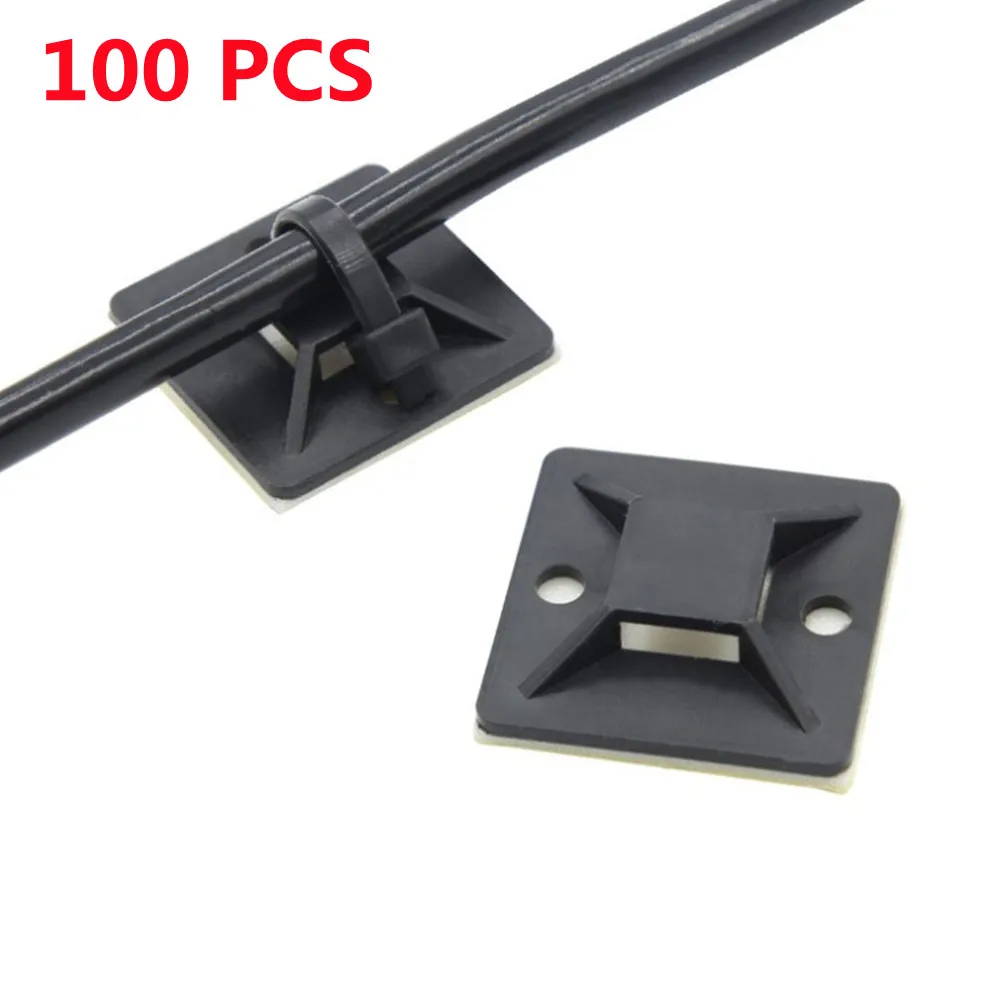 

100PCS Self Adhesive Cable Tie Mount Base Plastic Removable Wall Holder White Glue Black Clip Positioning Binding Fixing Clamps