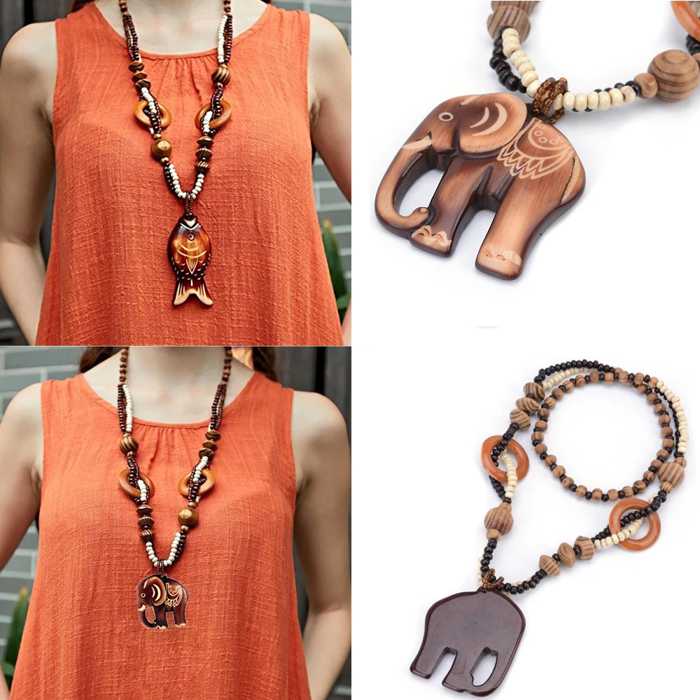 Большое ожерелье в стиле бохо деревянная подвеска виде слона рыбы бусины ручной