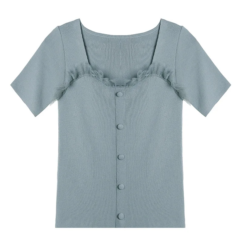 

Ice Silk Short Sleeve White T-shirt Women's Gauze Stitching Square Collar French Base Shirt Slim Fit Inner Outer Wear