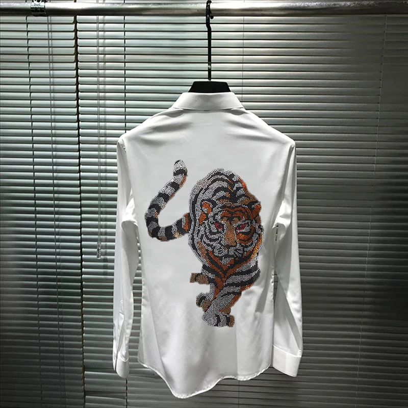 Fall Men's T-Shirt Button Lapel Design Long Sleeve Business Solid Color Hot Diamond Rhinestone Luxury Tops