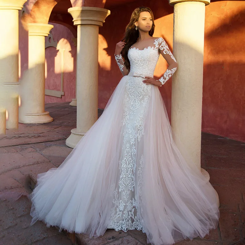 Свадебное платье 2 в 1 со съемным шлейфом,, Swanskirt, с открытыми плечами, с аппликацией, с длинным рукавом, свадебное платье, Vestido De Noiva K118 - Цвет: Слоновая кость
