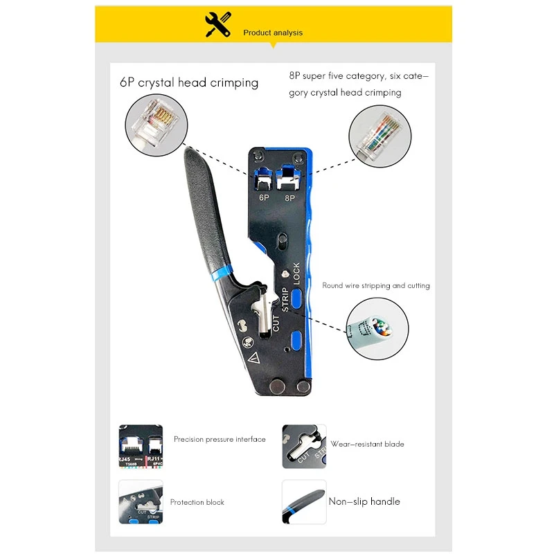 

RJ45 Crimp Tool Pass Through Cutter for RJ45 Cat7 Cat6 Cat5 RJ11 RJ12Modular Connectors All-In-One Wire Tool