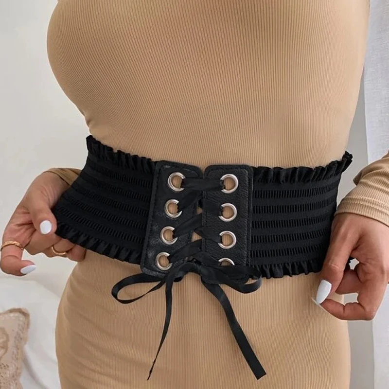 2021 new Black retro For Women Lace Up Cross Bandage bowknot decorate waistband accessory Elastic waistband