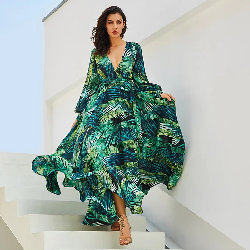 

Boho Dress Women Casual V-neck Long Sleeve Dress Vintage Green Print Maxi Dresses Lace-Up Plus Size Dress Vestidos