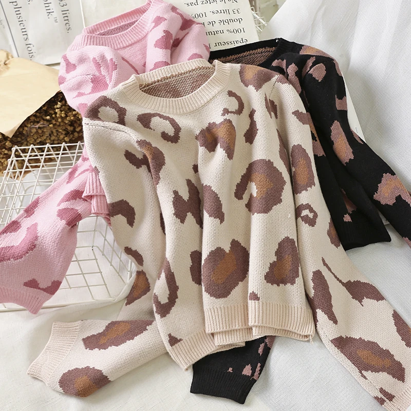 7738 милый свитер с леопардовым принтом короткий пуловер длинным рукавом Женская