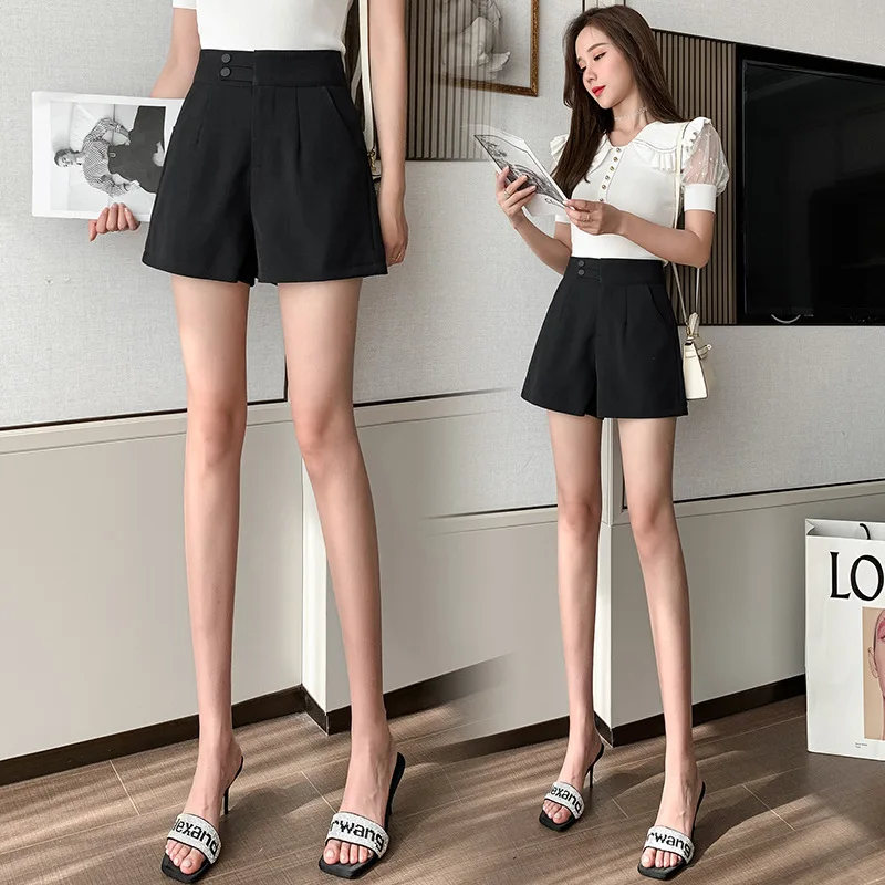 Nouvelle Mode Coréenne Solide Lâche Combinaison Short Femme Taille Haute Jambe Large Décontracté Pantalon Court Élégant Dames Poche Short Noir