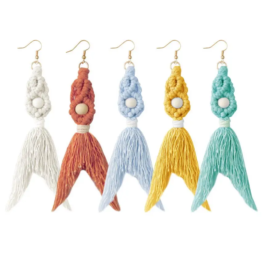 

Wood Beaded Cotton Thread Woven Mermaid Drop Earrings for Women 2021 New Bohe Fishtail Tassel Earrings Jewelry Wholesale