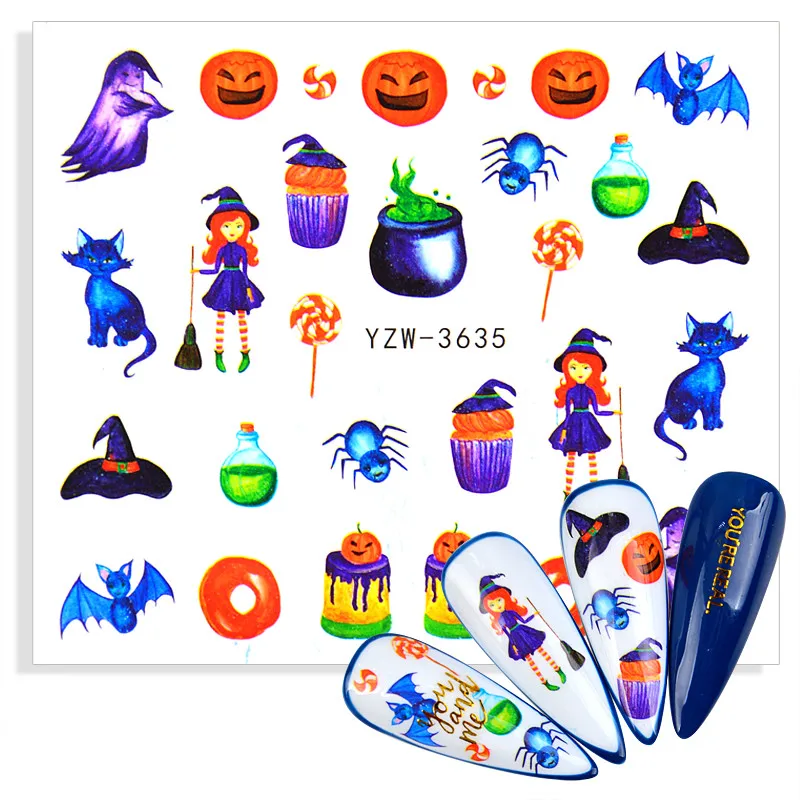 

2021 NEW Design Halloween Nail Art Water Transfer Decal Decoration Cute Cartoon Manicure Watermark Sticker For Nails Tips Beauty