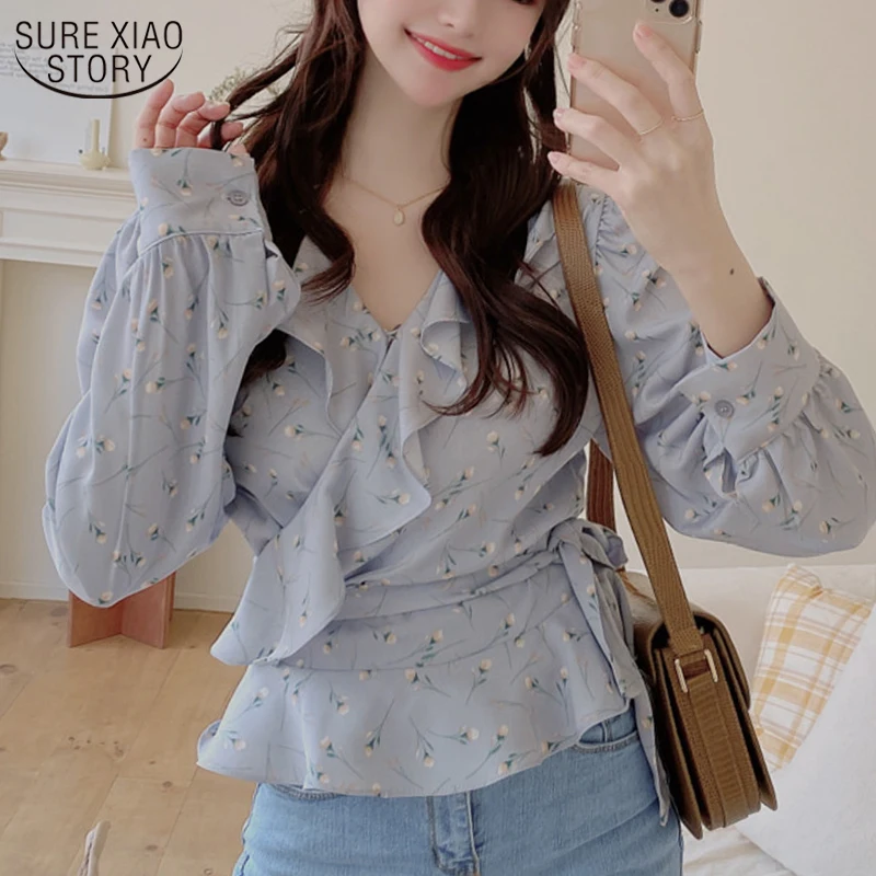 

2022 Puff Sleeve Clothing Blusas Mujer Casual Long Sleeve Women Blouse Autumn Ruffled Floral Chiffon Shirt Women Office 10249