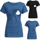 #48 летняя рубашка для кормления грудью, Женская Однотонная рубашка с круглым вырезом и коротким рукавом для кормления грудью, одежда для кормящих матерей