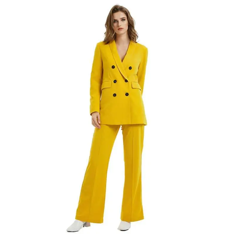 Ladies Double Breasted Suit Yellow Apple Collar Ladies Business Casual Suit 2 Pieces Tops + Pants Customized Size