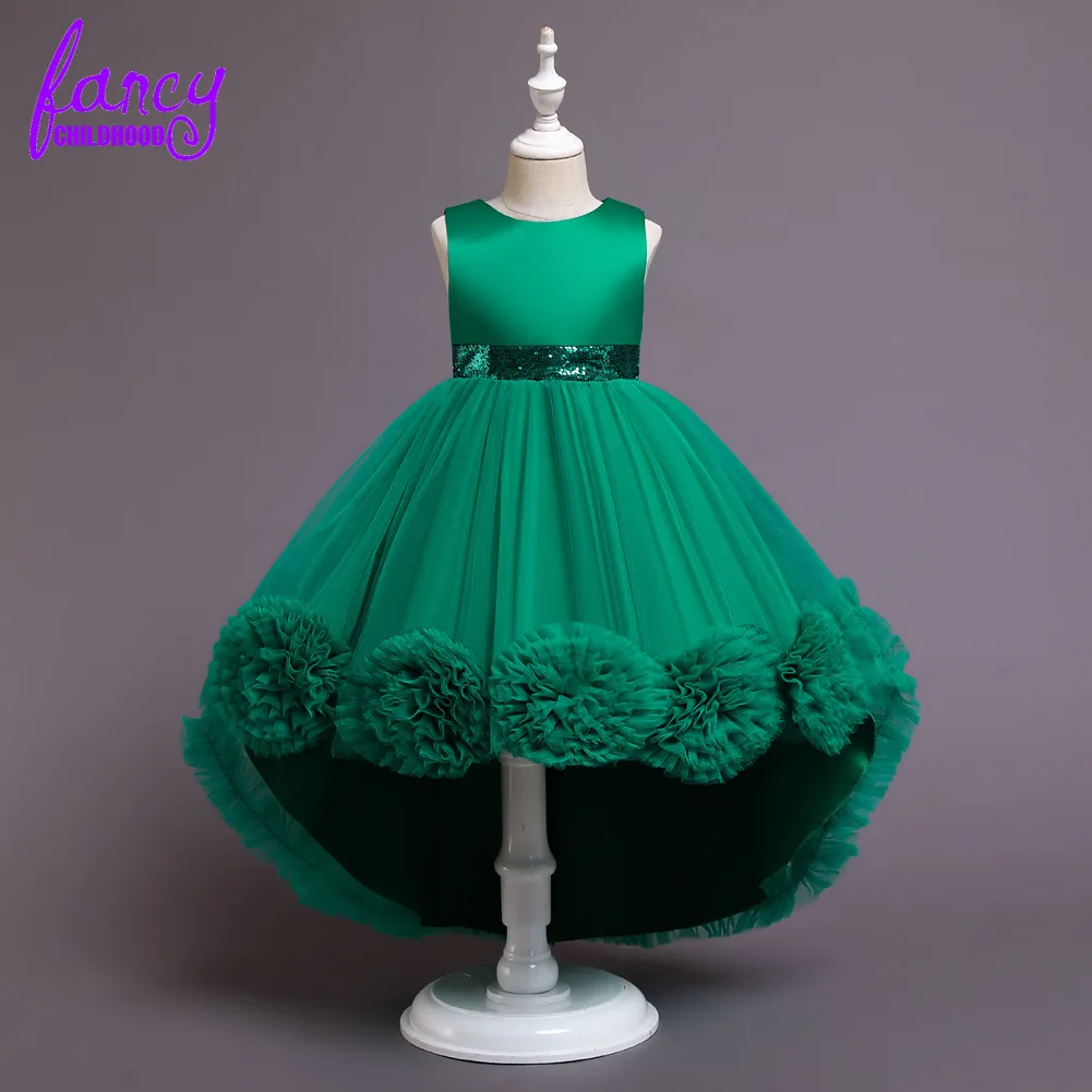 

Junior Masquerade Ball Gowns High Low Children Prom Dresses Royal Birthday Gown Girls Green Flower Dress for Wedding and Party