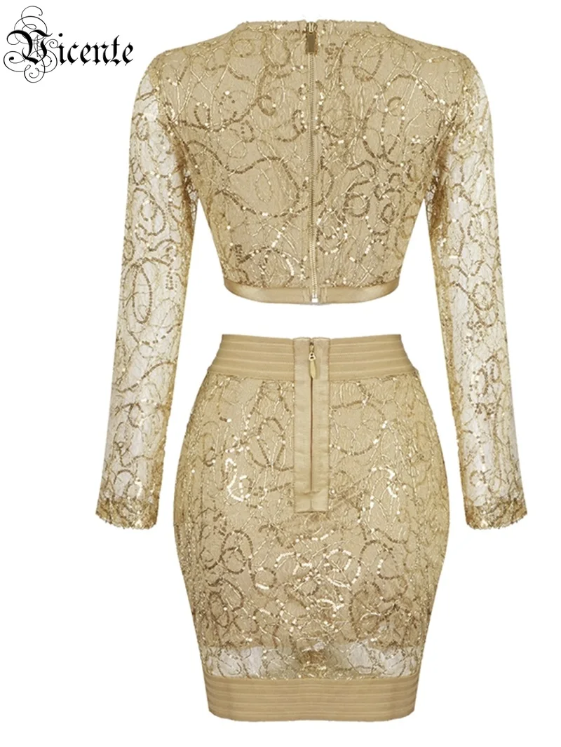 VC All Free Shipping New Chic Golden Sequins Long Sleeves Mini Skirt Two Pieces Celebrity Party Club Tops Skirt Suit