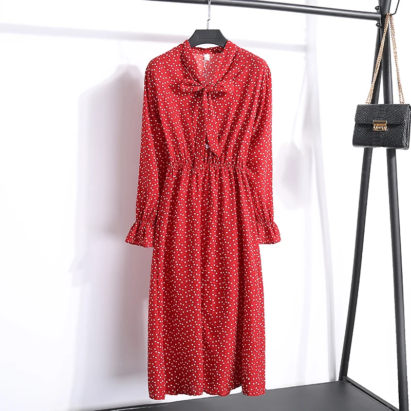 Женское шифоновое платье с бантом длинным рукавом и цветочным принтом | Женская