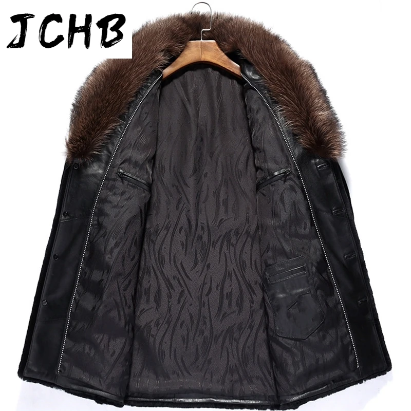 

Men JCHB Real Pure Natural Fur Coat Mens Real Raccoon Fur Collar Jackets Luxury Sheep Shearling Fur Coats DXL1642 MY744