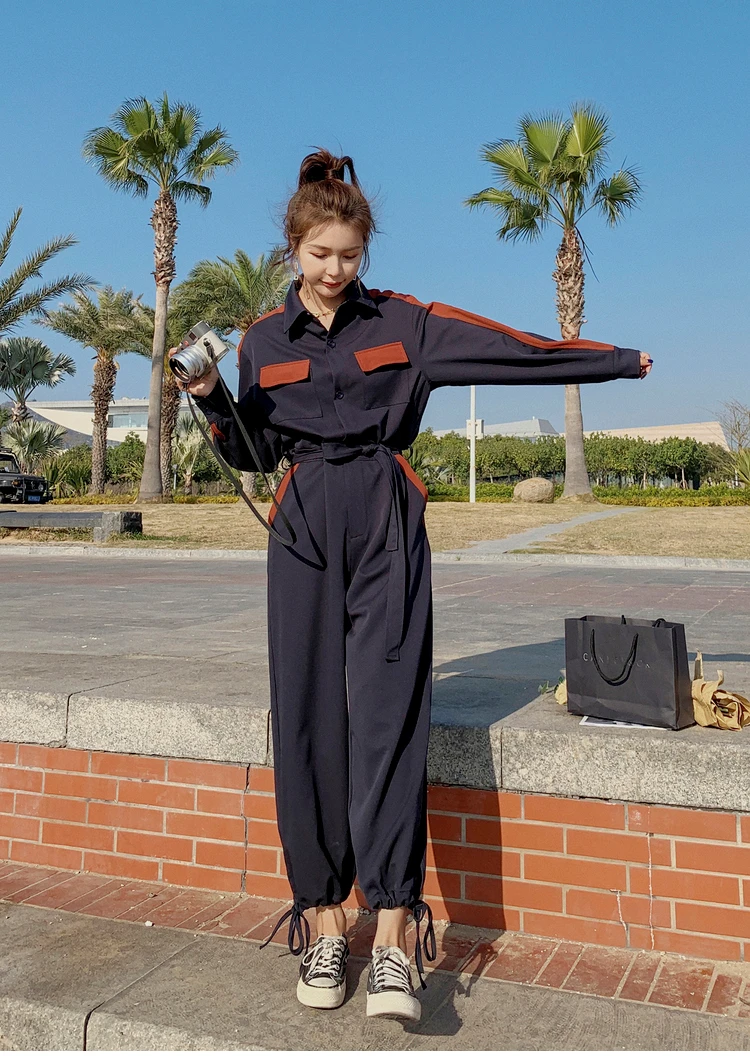 

2021 Spring New Women Long Sleeve Fashion Splice Loose Bandage Jumpsuit Female Elegant One Piece Harem Pants Sets Overalls Fall