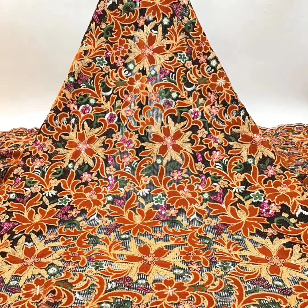

Latest Orange Sequins African Lace Embroidery 2020 High Quality French Nigerian Lace Fabric With Sequins For Wedding KCD20143