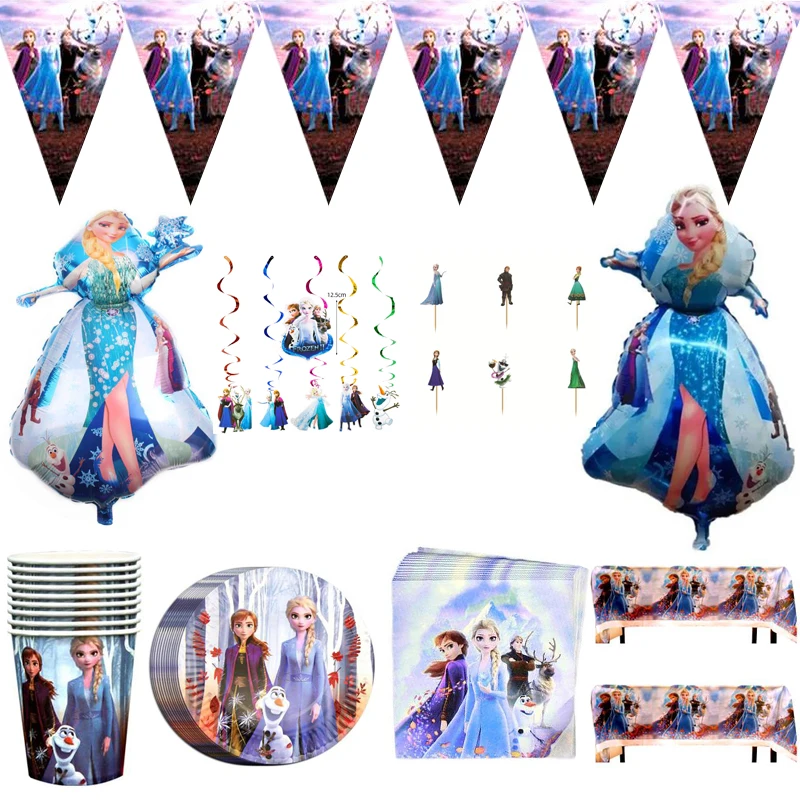 

85pcs/lot Frozen Theme Tablecloth Birthday Party Elsa Anna Princess Napkins Plates Cups Girls Favors Cake Toppers Banner Swirls