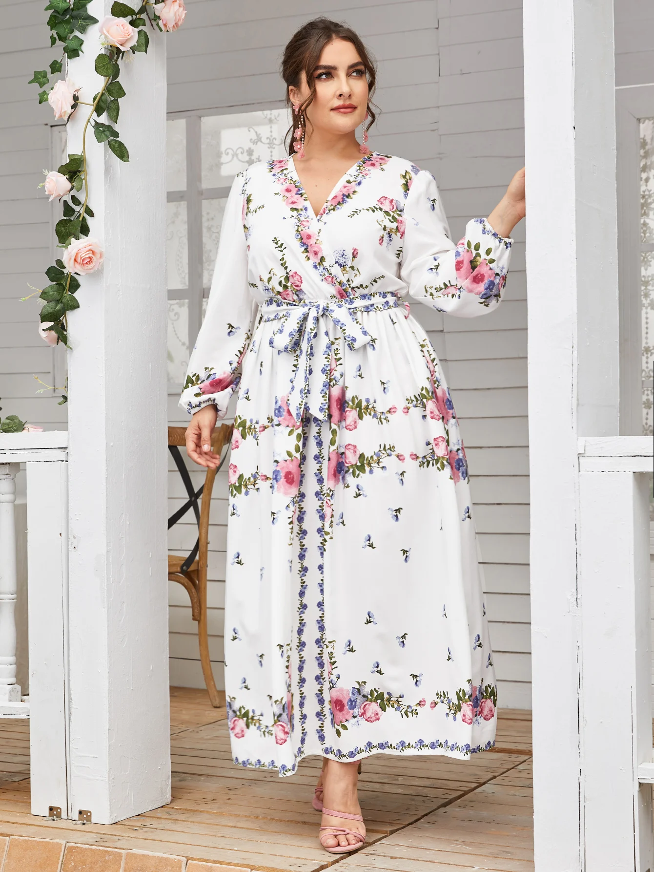 2021 New Fashion Muslim European Elegant  Atmospheric Slim And American Idyllic Print  V-neck Wedding Bridesmaid Long Dress CN