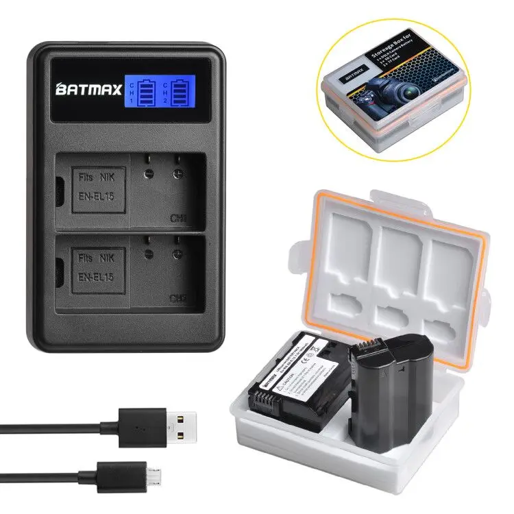 Аккумуляторы EN-EL15 EN EL15 EL15A 2 шт. + зарядное устройство с двумя USB-портами и бокс для