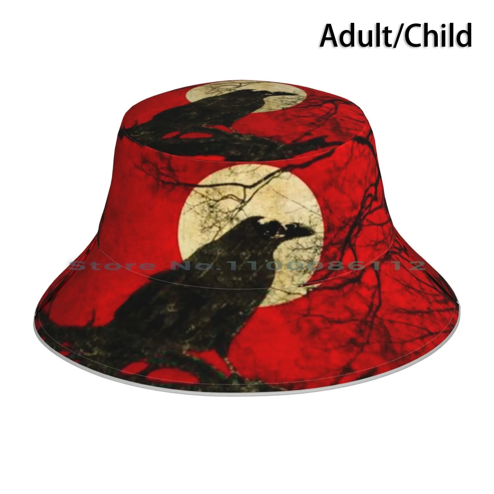 

Raven Bucket Hat Sun Cap Dark Gothic Red Moon Tree Branch Crow Raven Poe Sunset Rug Coffee Cup Foldable Outdoor Fisherman Hat